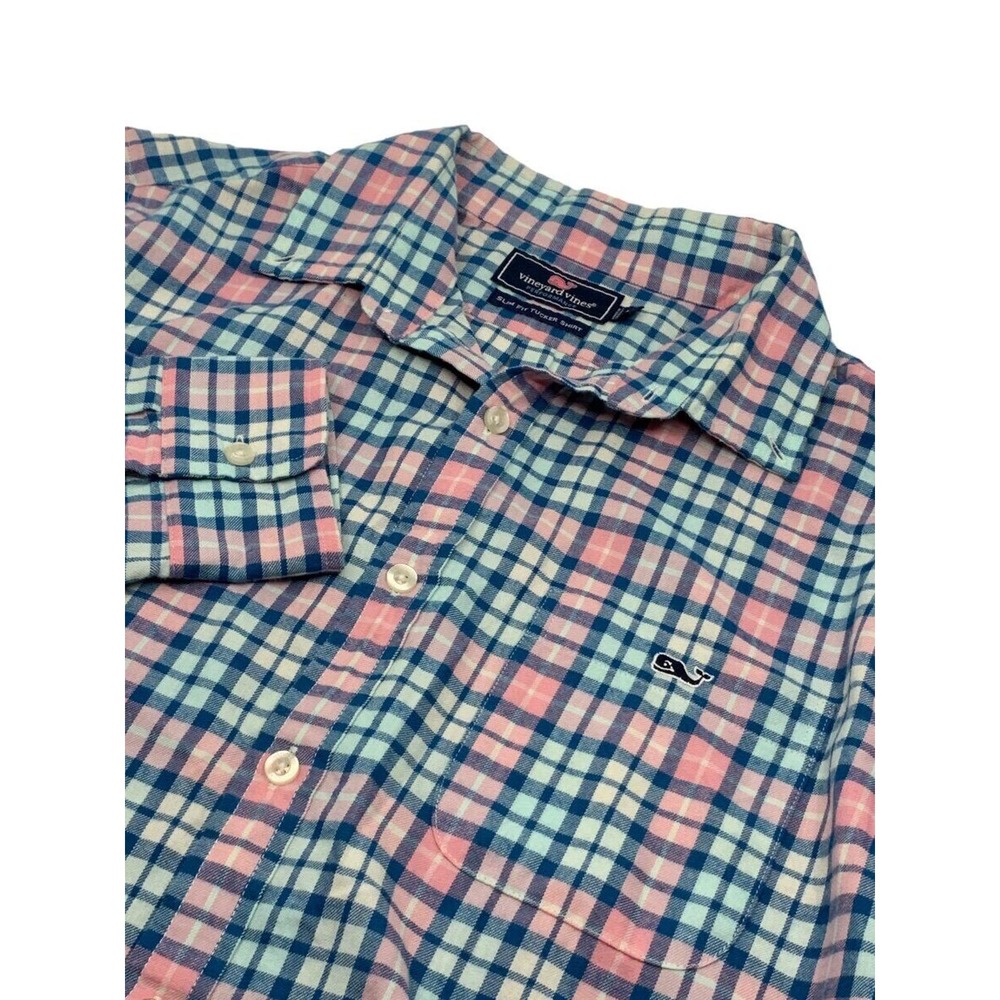 Vineyard Vines Slim Tucker LS Button Down‎ Flannel Shirt Teal Pink White Plaid M